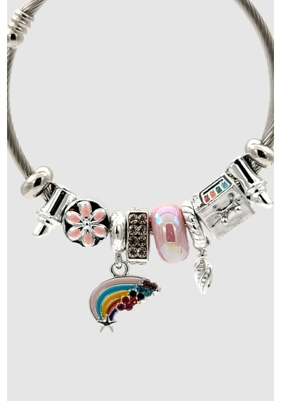 Gökkuşağı Ve Sanat Temalı Charm Detaylı Silver Pembe Bijuteri Kelepçe Bileklik