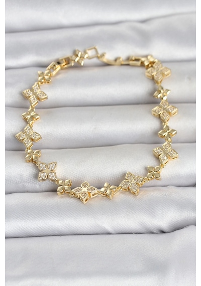 Pirinç Zirkon Taşlı Yonca Model Gold Renk Kadın Bileklik Çok Renkli 32991734