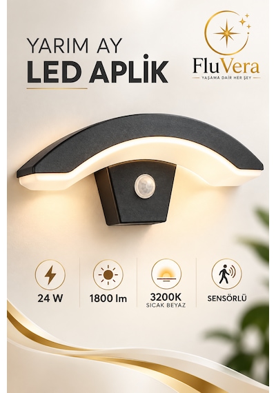 Yarım Ay Led Aplik 24w 1800 Lm 3200k Sıcak Beyaz Hareket Sensörlü Duvar Lambası Siyah