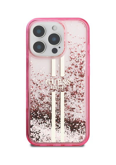 Apple Uyumlu iPhone 16 Pro Max Kılıf Guess Lisanslı Transparan Sıvılı Simli Altın Çizgili Kapak Pembe