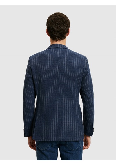Cacharel Lacivert Çizgili Slim Fit Yün Karışımlı Klasik Ceket