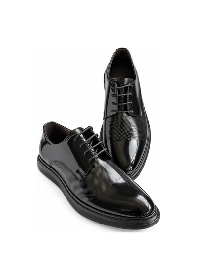 Yalçın Shoes Erkek Siyah Parlak Suni Deri Bağcıklı Klasik Ayakkabı Dokulu Ön Yüzey, Kalın Taban Damatlık Ayakkabı Siyah - 933647984 Siyah