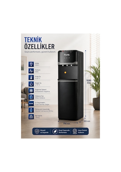 Maxilife PS-SLR-818 Aqua Kompresörlü Alttan Damacanalı Çocuk Kilitli Sıcak Soğuk Normal Su Sebili Siyah