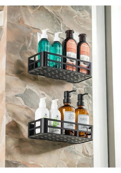Banyo Düzenleyici Şampuanlık Sabunluk 2 Li Set Yapışkanlı Duşakabin Düzenleyici Organizer Siyah