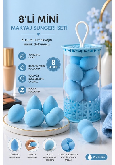 Mini Boy 8'li Mavi Makyaj Süngeri Seti- 2 Cm X 3 Cm Makyaj Uygulama Süngeri