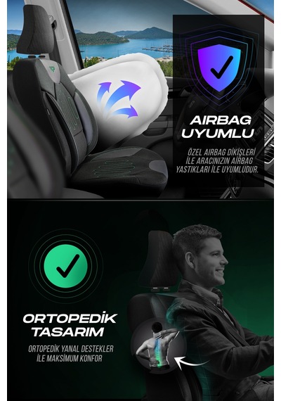 Siyah - Yeşil Panda Vibe Serısı Keten Kumaş Oto Koltuk Kılıfı - Tam Set