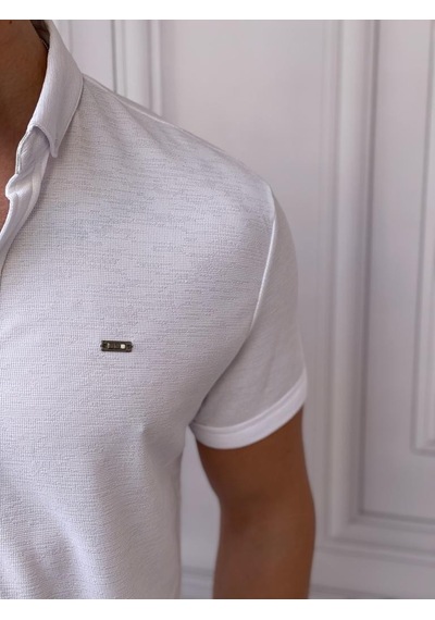 Modefendi Slim Fit Pamuk Örme Polo Yaka Kısa Kollu Gömlek Beyaz