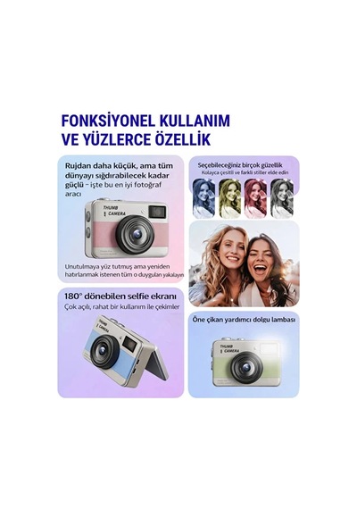 Retro Mini Dijital Kamera 1080p 1.47 İnç Flip Ekranlı Flaşlı Selfie Vlog Kamerası 4gb Sd li Ye