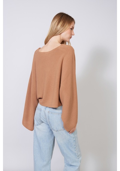 Yarasa Kol Kayık Yaka Triko Pelerin CAMEL