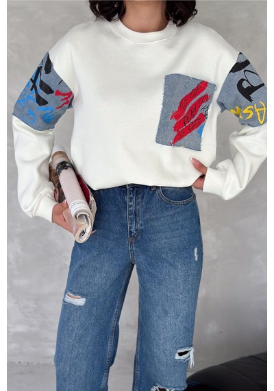 Femelle Kadın Beyaz Kot Detaylı İçi Pamuklu Sweatshirt - S76