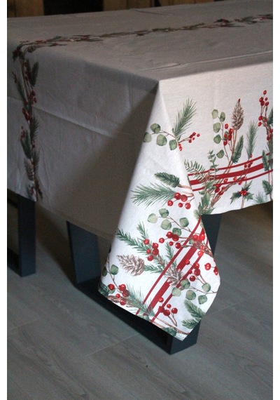 Pamuklu Yılbaşı Noel Temalı Kumaş Masa Örtüsü 150x200 Ebat Bejkokinalı Bej