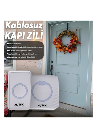 Beyaz Kablosuz Su Geçirmez Kapı Zili 36 Melodili, Ses Ayarlı & Led Işıklı Uyarılı