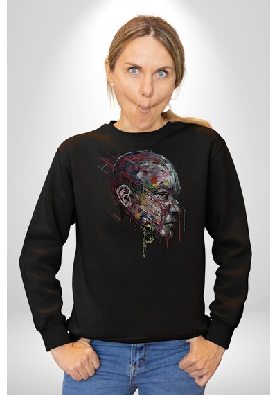 İnsan Kafası Sulu Boya Unisex Siyah Baskılı Sweatshirt Siyah