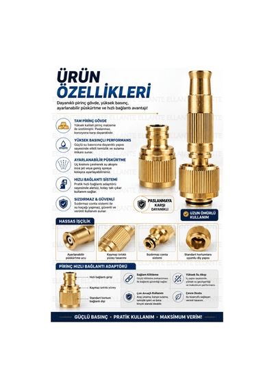Pirinç Basınç Ayarlı Hortum Sprey Ucu Hızlı Bağlantı Adaptörlü Set Metal Bahçe Sulama Ve Araç Yıkama