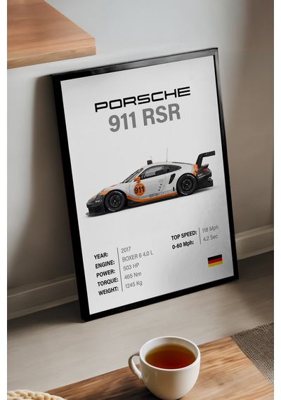 Porsche 911 Rsr Siyah Ahşap Çerçeveli Poster, Dekoratif Araba Duvar Tablosu