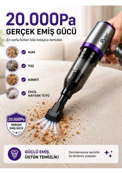 Bagajon Ryan 20.000 Pa 7.500 Mah Araç Süpürgesi 120w Fırçasız Motor, Üfleme & Vakum, Çantalı