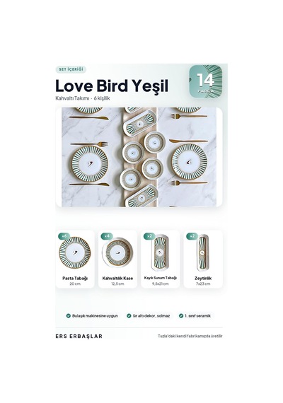 Tr Love Bırd Yeşil Yuvarlak 14 Parça 6 Kişilik Lüx Kahvaltı Takımı Seti Genel
