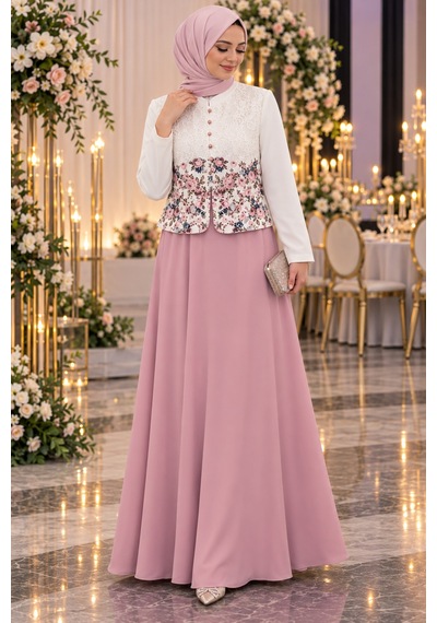 Gül&can Butik Pudra Pembe Çiçek Desenli Tesettür Abiye Zarif & Şık Pembe