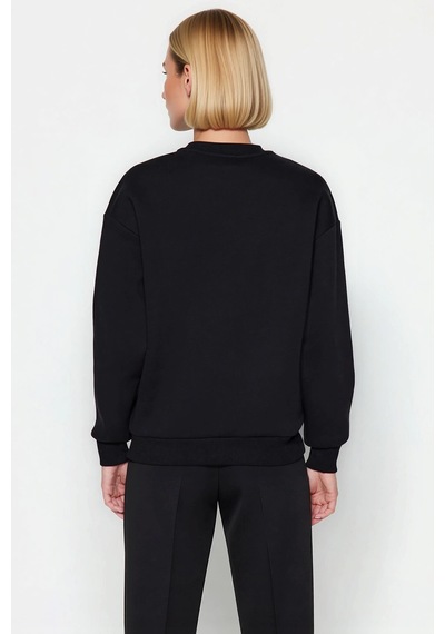 Benerly Kadın Bisiklet Yaka Düşük Kol Regular Kalıp Örme Sweatshirt Fonks siyah