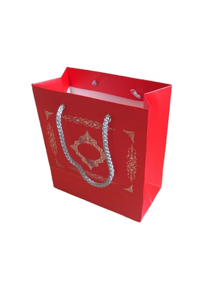 T Toptancı Karton Hediye Çantası Gümüş Saray Desenli 20x20x10 Cm 10 Adet Kırmızı
