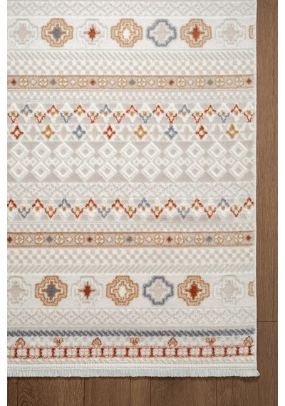 Icon Ic008r Krem Halı Renkli Kilim Desenli Akrilik Ve Pamuk Tabanlı 4 Mevsim Salon Halısı-753 Krem