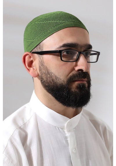 Fıstık Yeşili Dantel Detaylı Örme Gold Namaz Takkesi