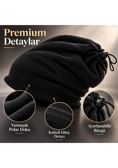Genel Unisex Polar Bere Boyunluk 2 Adet Seti 2'si 1 Arada Büzgülü Sıcak Tutan Siyah / Standart / 2 Adet
