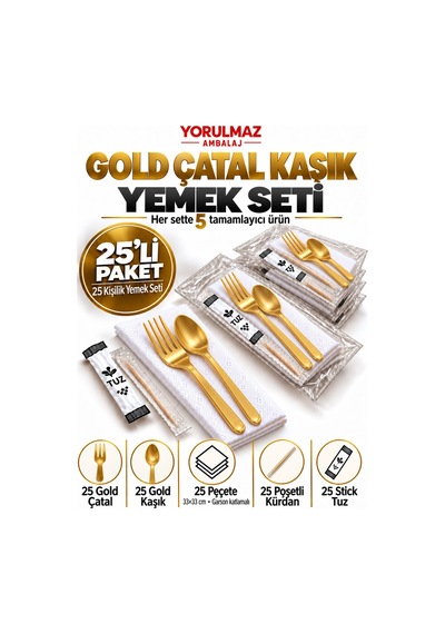 Lüks Gold Çatal Yemek Seti 25 Kişilik 33 33 Cm Garson Katlamalı Peçete, Poşetli Kürdan Ve Stick Tuz 27049204