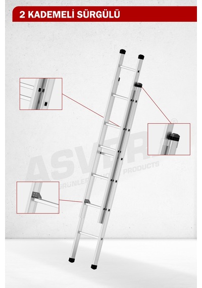 Asvera Endüstriyel 4 Metre 2 Parçalı Alüminyum Merdiven - 1.4 Mm Sürgülü Profesyonel Merdiven