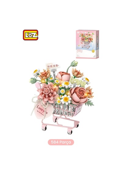 Loz Creative Serisi Ledli Pembe Çiçekli Sepet Figürü 584 Parça Blok Oyuncak Dekoratif Yapım Seti -4124