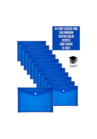 A4 Ebat 20x30 Cm 300 Mikron Ekstra Kalın Plastik Çıtçıtlı Zarf Dosya 12 Adet Mavi