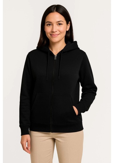 Kadın 3 İplik Kapüşonlu Tam Fermuarlı Kanguru Cepli Sweatshirt Hoodie - Siyah
