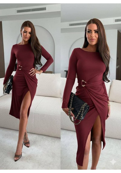 Kadın Bordo Toka Detaylı Yırtmaçlı Elbise Bordo