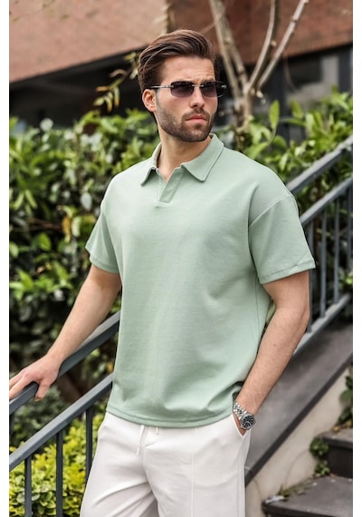 Madmext Mint Yeşili Polo Yaka Oversize Erkek Tişört E7185