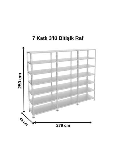 7 Katlı 3'lü Bitişik Galvaniz Çelik Raf - Depo, Arşiv, Kiler, Dosya, Market Rafı, Çok Amaçlı Raf 43x93x250 Cm Gri