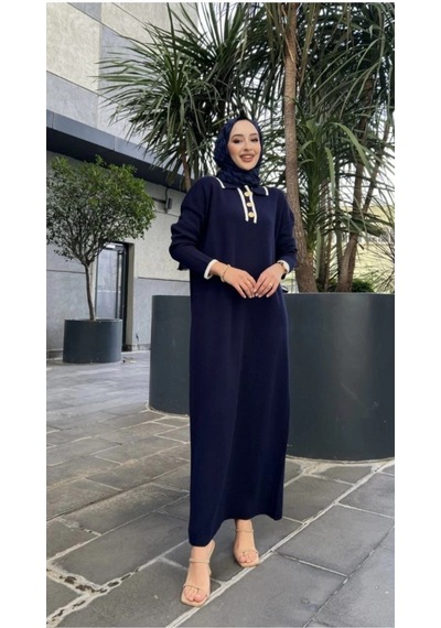 Modasehle Kadın Oversize Yaka Düğmeli Triko Elbise Lacivert