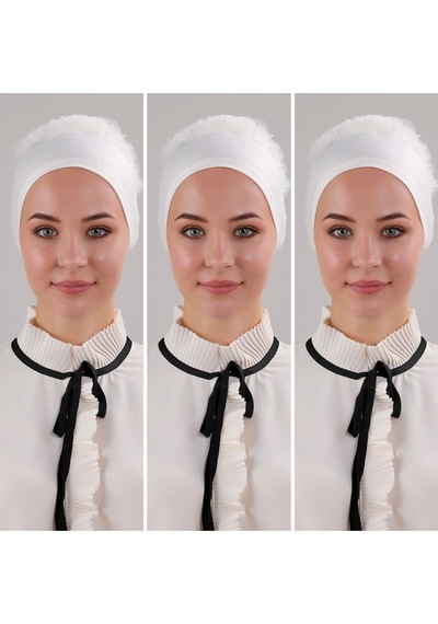 Melodi Scarf Kadın Tesettür 3'lü Fırfırlı Dikişli Bone Ekru Ekru