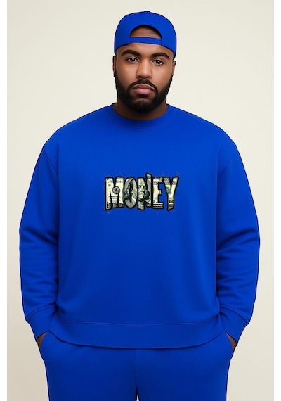 Benroma 3 İplik Penye Money Baskılı Büyük Beden Unisex Sweatshırt Saks Mavisi