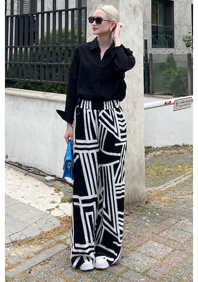 Madmext Siyah Desenli Beli Lastikli Bol Paça Pantolon Mg2051-siyah Siyah