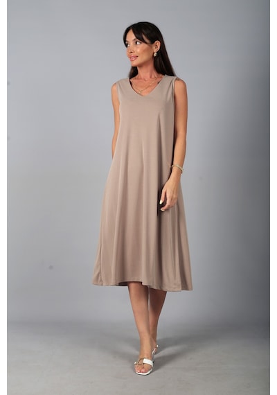 By Saygı Kadın V Yaka Ön Pervazlı Pike Kumaş Kolsuz Oversize Midi Elbise Bej