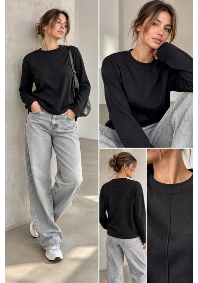 Bb Butik Basic Ön Dikiş Detaylı Basic Sweatshirt Günlük Rahat Kesim My3535 siyah