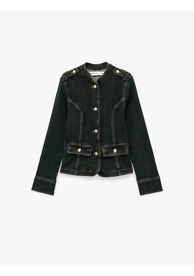 Koton Cepli Omuz Apoletli Pamuklu Düğmeli Dik Yaka Denim Ceket Koyu İndigo 7wal50021md