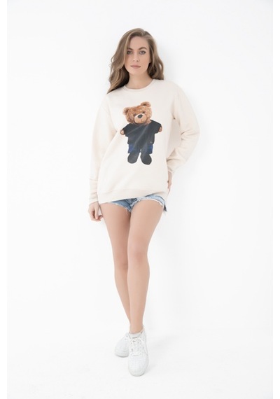 Kadın Bej Renk Ayıcık Baskılı Kapşonsuz Sweatshirt Bej