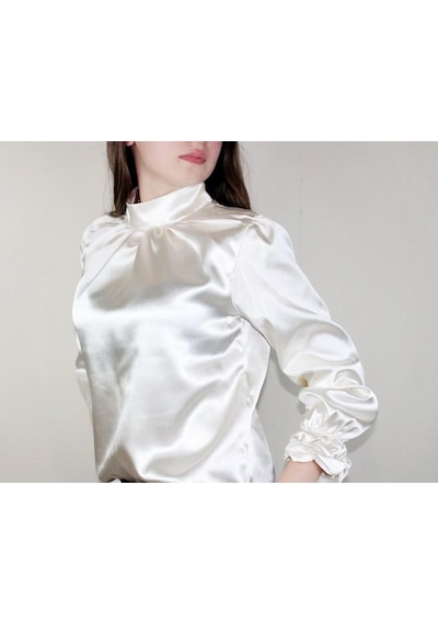 Mois Atelier Beyaz Saten Bluz, Tasarım, Hediye, Büyük Beden, Tesettür