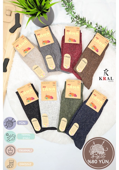 Kral Socks Kadın Koyun Yünü Lambswool Kışlık 3'lü Set Çorap ASORTİ