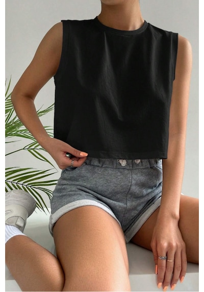 Siyah %100 Pamuk Basic Bisiklet Yaka Süprem Kolsuz T-shirt Siyah