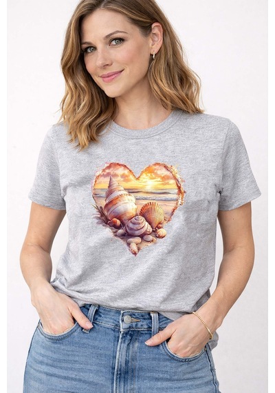 Herkesemoda Sunset Love Deniz Tema Baskı Detaylı Bisiklet Yaka Pamuklu Basic T-shirt Gri