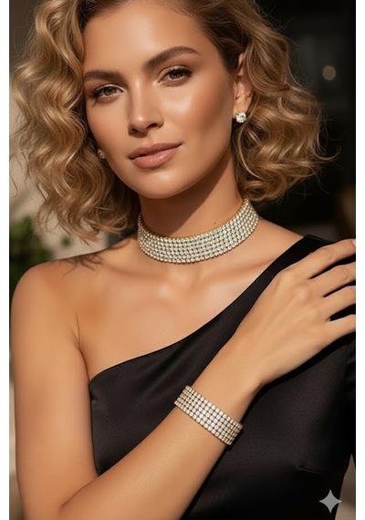 Caş Dekorasyon Altın Renk Taşlı Kolye Küpe Ve Bileklik Set Altın