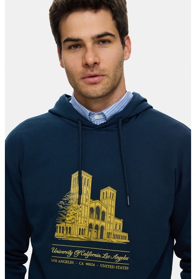 UCLA Thayer Lacivert Kapüşonlu Pamuklu Baskılı Loose Fit Erkek Sweatshirt