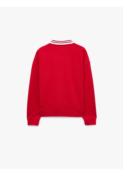 Koton Rahat Kalıp Düğmeli Uzun Kollu Çizgili Polo Yaka Sweatshirt Kırmızı 7wal10212ık